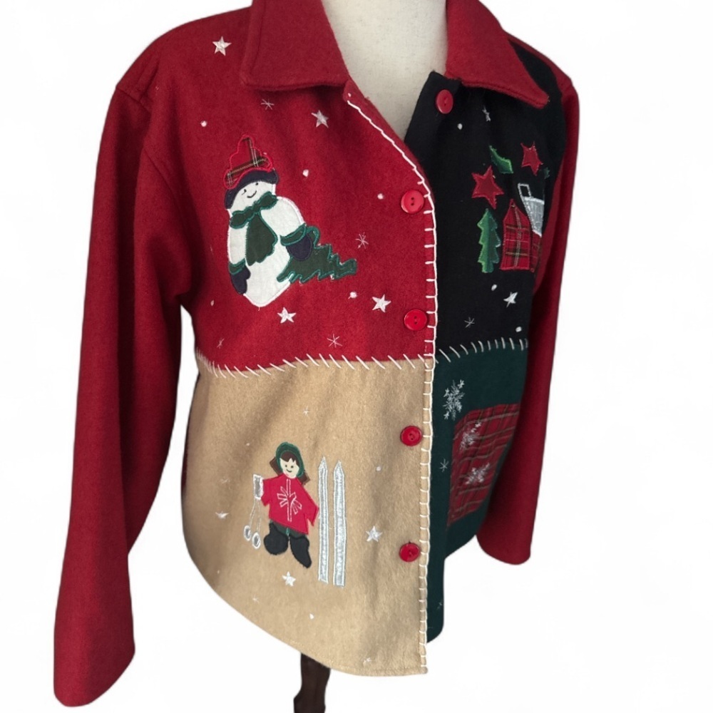 Vintage Take Two Clothing Co Patchwork Wool Blend Winter / Christmas Jacket L - Picture 2 of 11